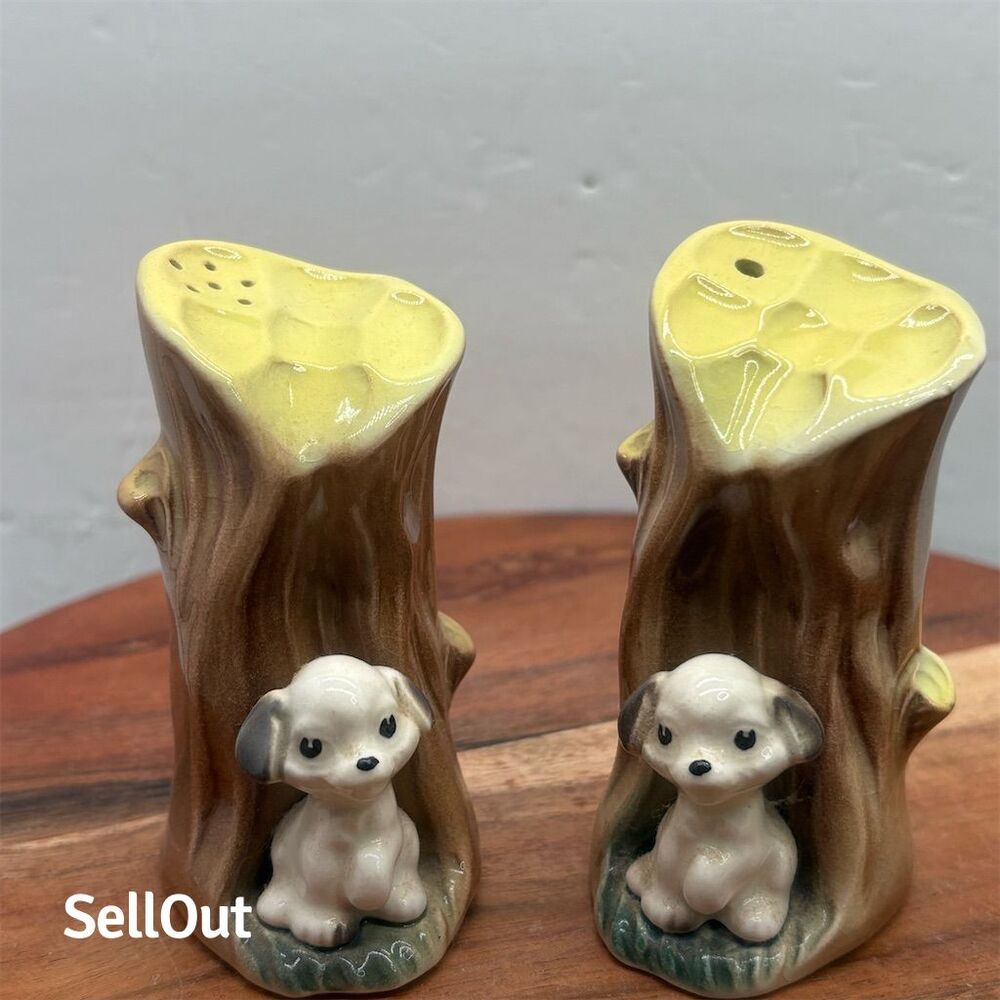 Vintage Hornsea Pottery Tree Stump Puppy Salt Shakers 1960s Retro Decor